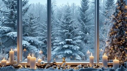 A window view of a snowy forest with a Christmas tree in the background. The scene is lit by candles and the mood is cozy and festive