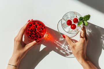 Woman holding two cocktails on sunny afternoon. Generative AI