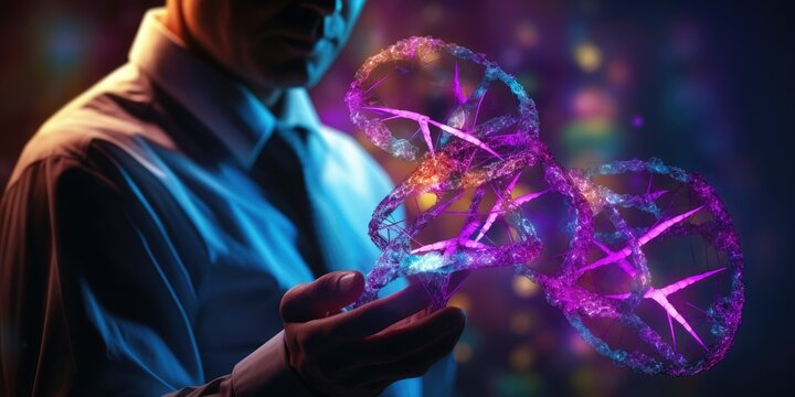Abstract luminous DNA molecule. Scientist holding and cut dna for checking with analysis chromosome DNA genetic of human on virtual interface. Medical science and biotechno
