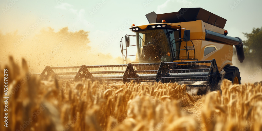 Poster a yellow combine harvester is driving through a field of wheat. the machine is surrounded by a cloud