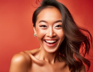 Obraz premium A women Eyes wide with excitement, mouth open in a delighted grin. red background