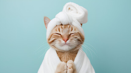 A cute red-haired cat after bathing, in a white bathrobe and a white terry cap on his head.