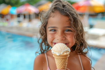 Happy girl with ice cream cone at the poolside, representing summer fun and childhood joy.