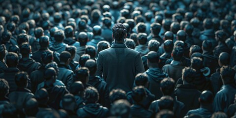 A man stands in front of a crowd of people. The crowd is very large and the man is the only one...
