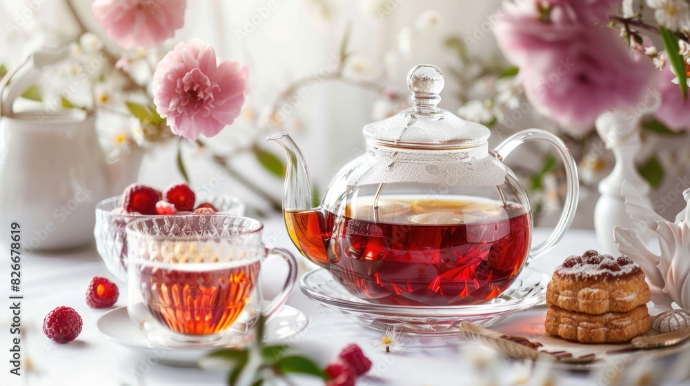 Poster a tea set with a teapot and two cups of tea is set on a table with a plate of cookies
