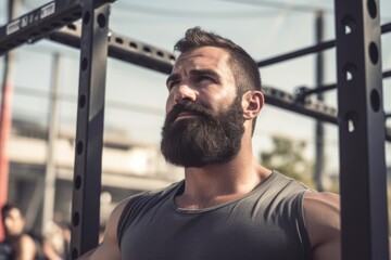 A man with a beard is standing in front of a weight rack. He looks focused and determined