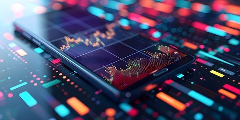3D rendering of financial graph technology on mobile phone representing investments. Concept Financial Technology, 3D Rendering, Mobile Phone, Investments, Graph Technology