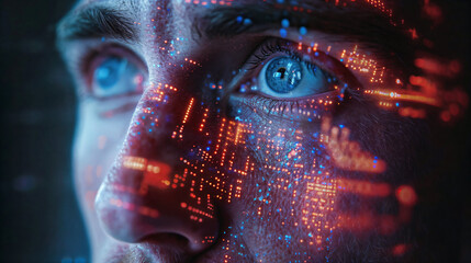 Close-up of human face with digital circuits representing AI technology. Generative AI image