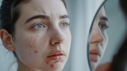 A woman with acne on her face is looking at her reflection in a mirror. She is self-conscious about her skin and is trying to cover up the blemishes
