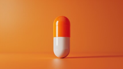 A pill is sitting on a table with an orange background. The pill is the main focus of the image