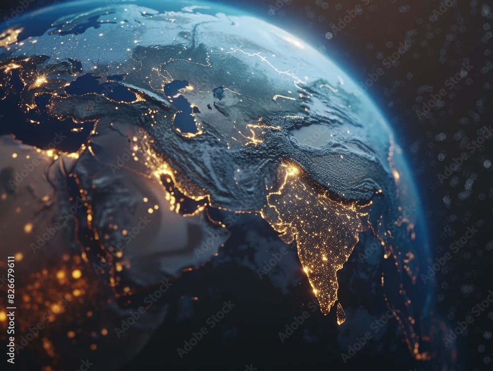 Poster a globe with the lights on in the middle of it. the globe is lit up with a warm glow
