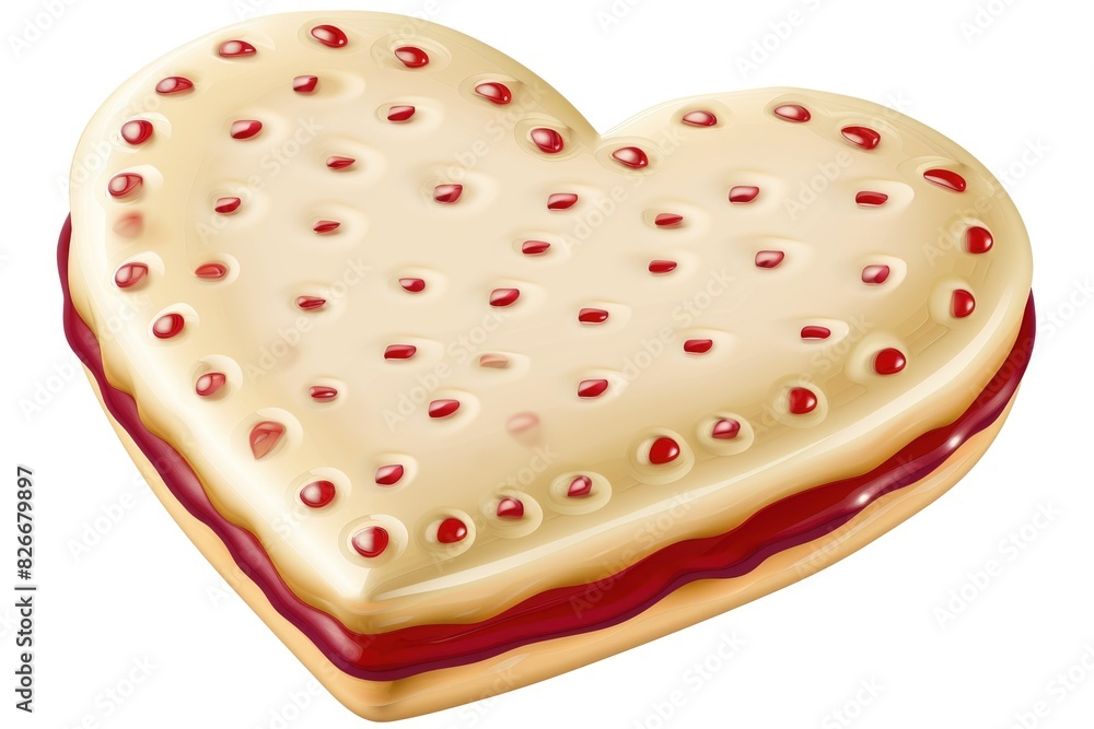 Poster a heart shaped cookie with red dots on it. the cookie is made of white and red dough and has a red f