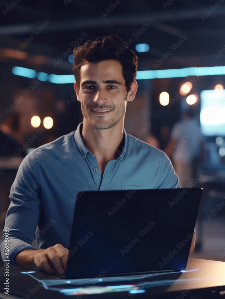 Poster a man is sitting at a table with a laptop open in front of him. he is smiling and he is enjoying him
