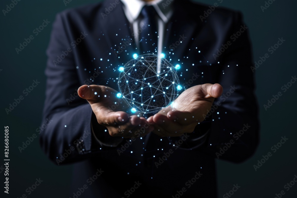 Poster a man is holding a glowing sphere in his hands. the sphere is surrounded by a network of lines, whic