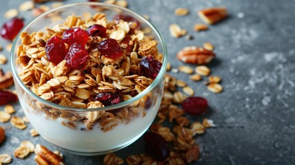 A bowl of granola with a white liquid in it