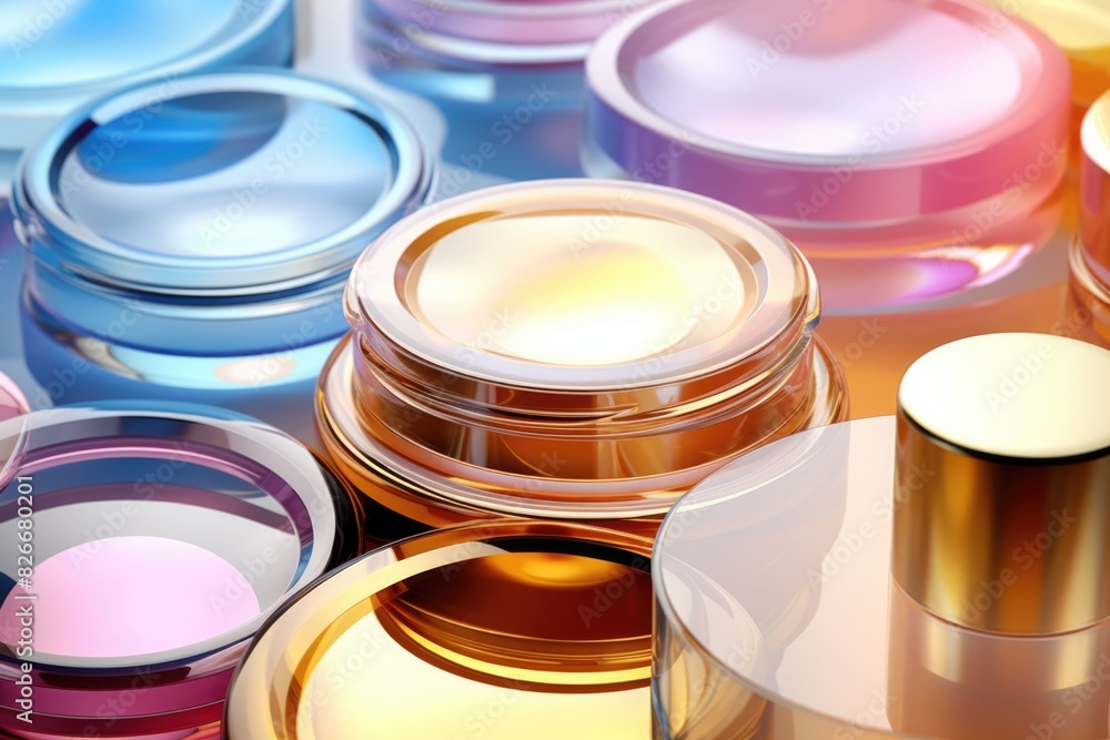 Poster a collection of colorful bottles with a gold top. the bottles are arranged in a row, with some of th