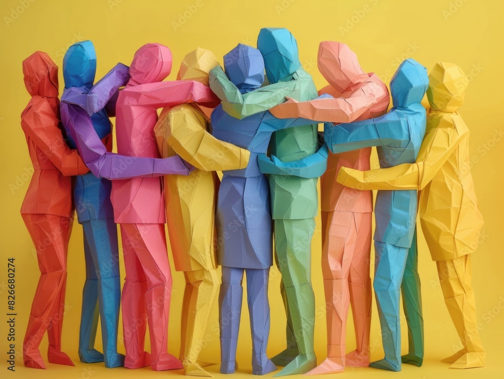Poster a group of people are hugging each other in a paper cutout. concept of unity and togetherness, as th