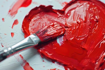 A red paintbrush is on a white surface with red paint. The brush is in the shape of a heart