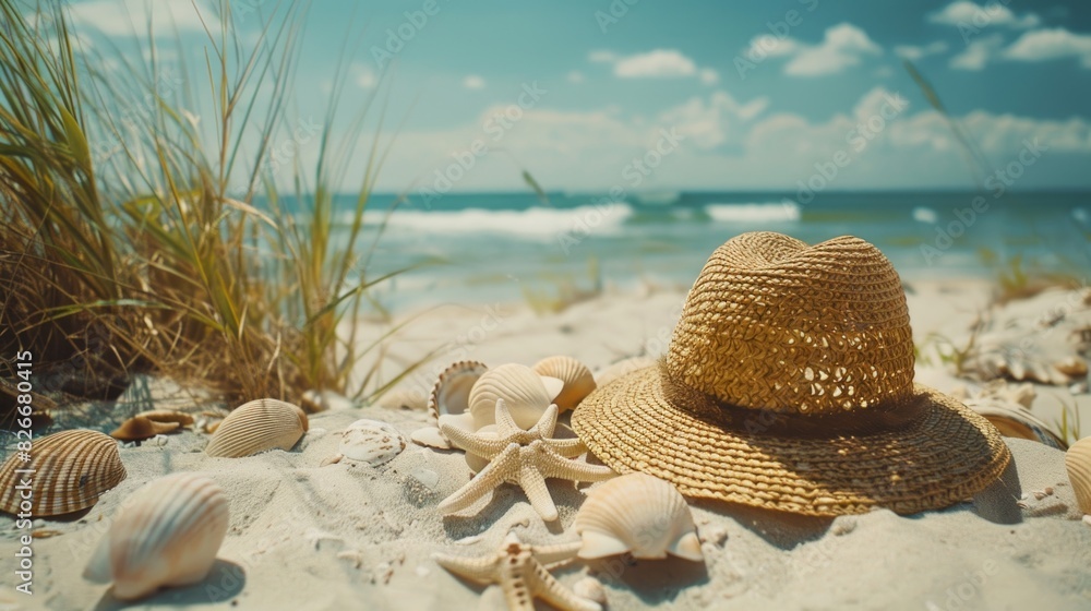 Poster a straw hat is on the beach next to a pile of shells. the hat is positioned in the middle of the she