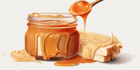 A jar of peanut butter is poured over a piece of toast. Concept of indulgence and comfort, as the peanut butter and toast are classic comfort foods