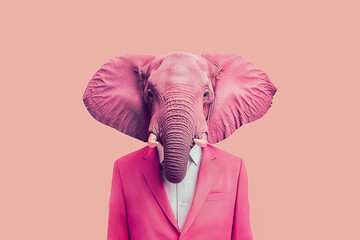 Elephant head on human body dressed in a pink suit. Generative AI image