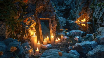 Candles amidst dark rocks with a mirror image