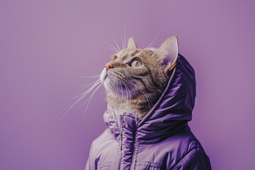Cat dressed in a stylish winter jacket looks upward. Generative AI image