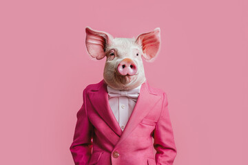 Pig in a pink suit, illustrating a humanized animal concept. Generative AI image