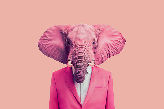 Elephant head on human body dressed in a pink suit. Generative AI image