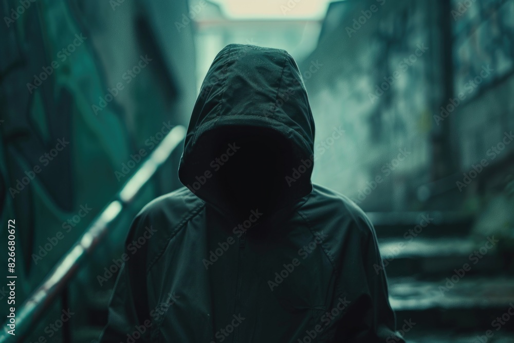 Poster a person wearing a hooded jacket is standing in front of a staircase. the image has a dark and myste
