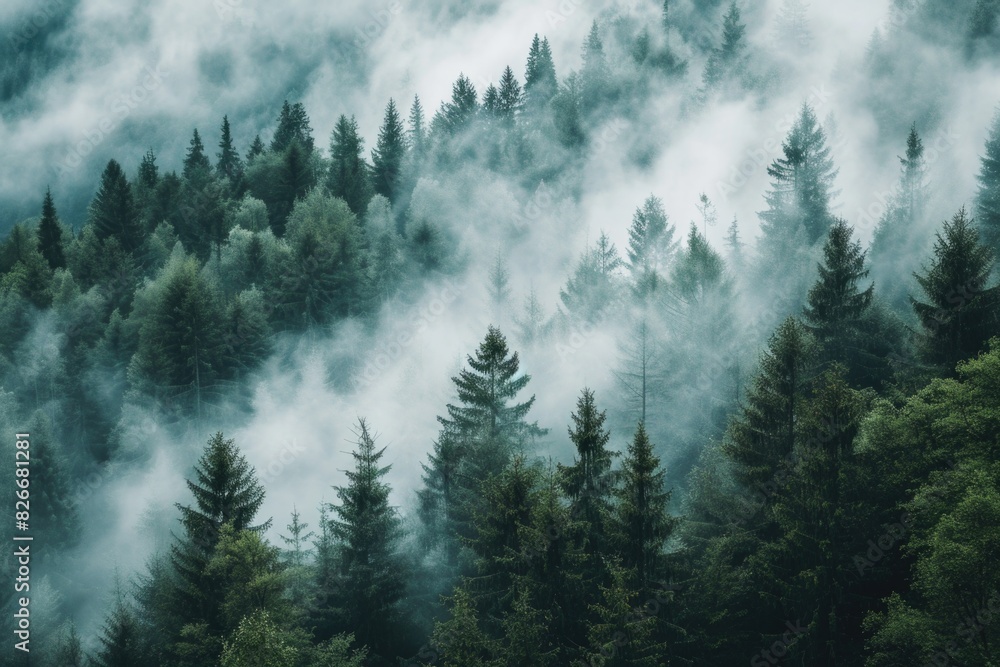Poster a dense forest with a thick layer of fog covering the trees. the fog creates a mysterious and serene