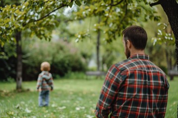 Fototapeta premium A man and a child are walking in a park. The man is wearing a plaid shirt and the child is wearing a red shirt. Scene is peaceful and happy, as the two are enjoying their time together in the park