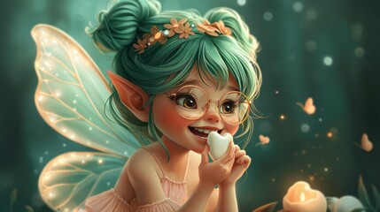 Tooth fairy is happy holding baby tooth. Generative AI