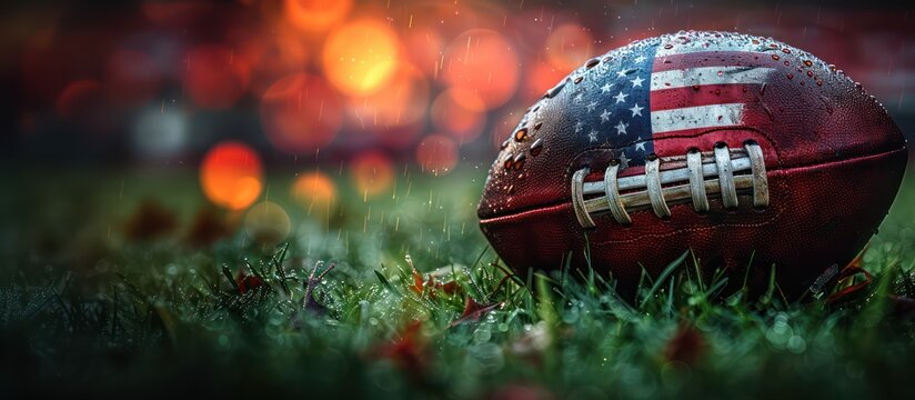 USA Flag on american football ball closeup on lawn, rugby background. Generative AI - Powered by Adobe