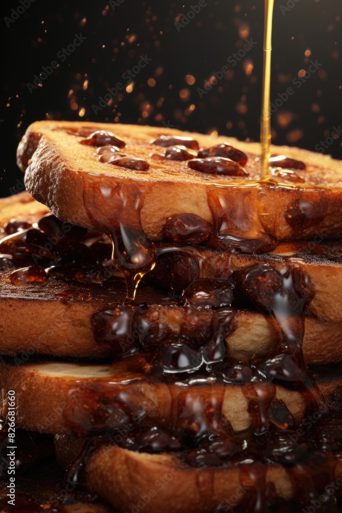 Poster a stack of toasted bread with syrup dripping from it. concept of indulgence and warmth, as the syrup