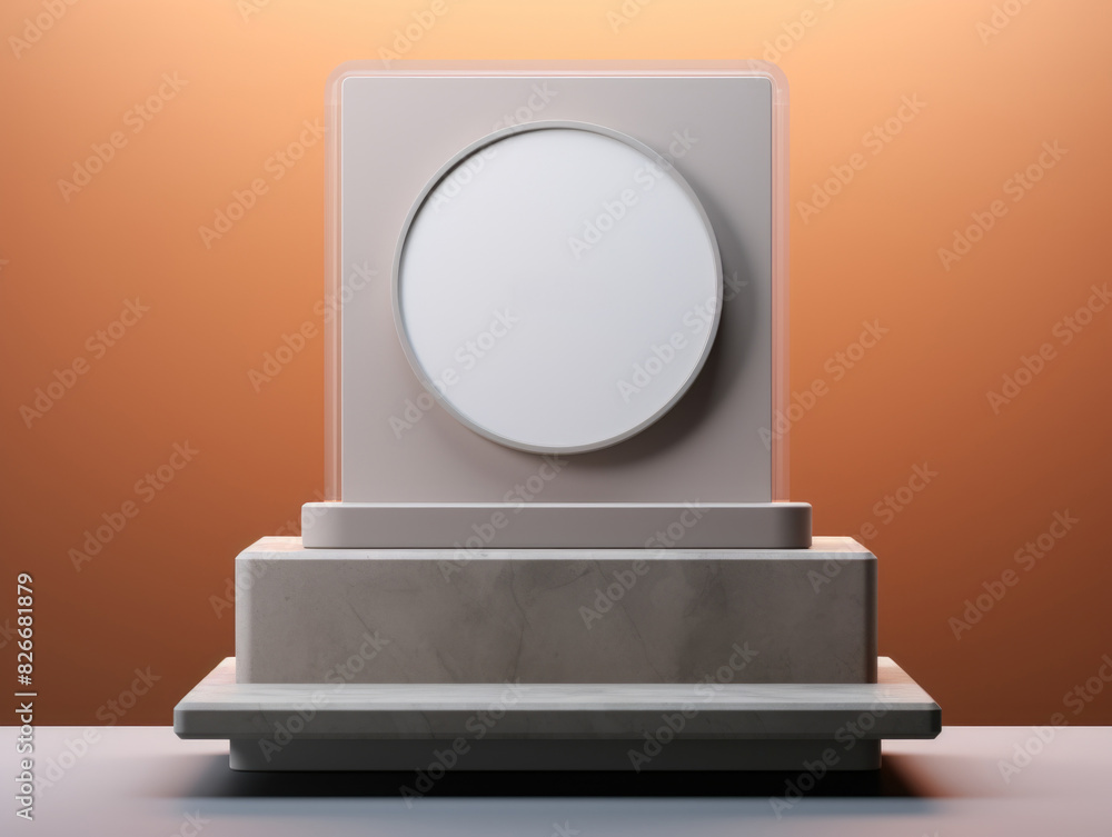 Poster a white square with a white circle on it is sitting on a table. the table is made of marble and has 