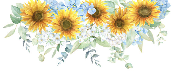Watercolor sunflower bouquet png, sunflower composition, sunflower wedding border, hand drawn watercolour