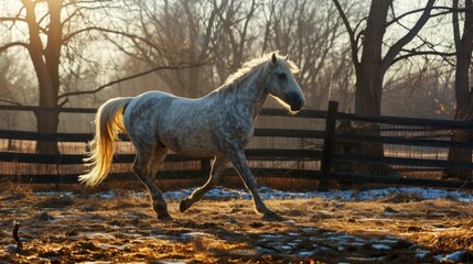 A horse is running in a field with a fence in the background. The horse is white and has a long tail. The scene is peaceful and serene, with the sun shining down on the horse and the surrounding area
