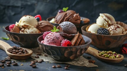 A variety of ice cream flavors are displayed in bowls on a table. The bowls are arranged in a row,...