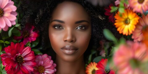 Naklejka premium Stunning African woman surrounded by vibrant flowers radiating beauty and elegance. Concept Elegant African Woman, Vibrant Flowers, Beauty Photography, Tropical Elegance, Stunning Portraits