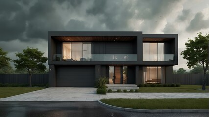 Modern Black House with Stormy Sky