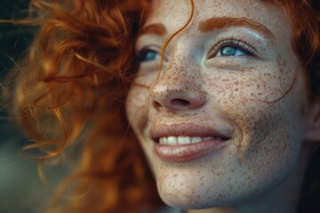 A woman with red hair and freckles is smiling and looking at the camera. She has a bright and happy expression on her face
