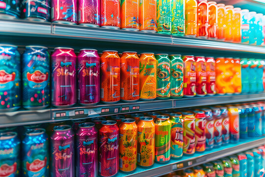 Colorful soda cans on supermarket shelf