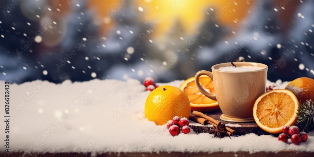 Poster a cup of coffee is on a table with oranges and cranberries. the oranges are sliced and arranged in a