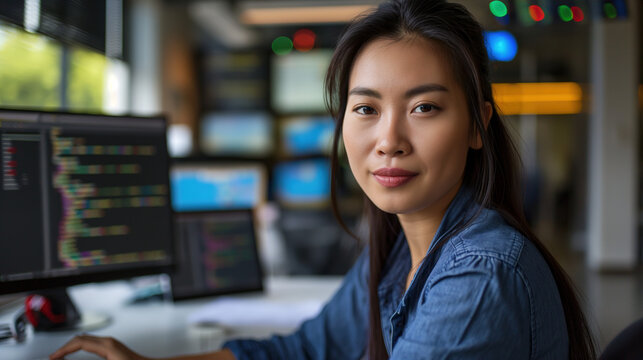  Asian woman with long hair sitting at her desk in front of multiple computer screens, coding and writing lines of code on the screen