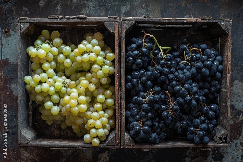 Poster two wooden crates of grapes, one with green grapes and the other with black grapes. the crates are p