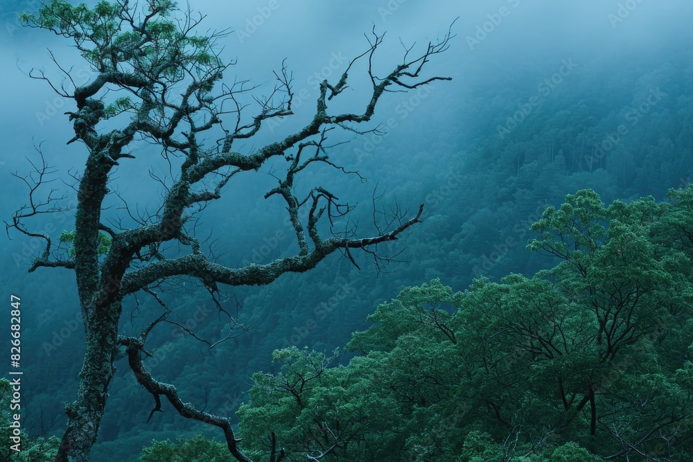 Poster a tree with no leaves is standing in a forest. the sky is cloudy and the trees are green