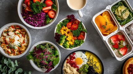A variety of colorful salads and bowls of food are arranged on a table. Scene is inviting and healthy, as the food is fresh and colorful