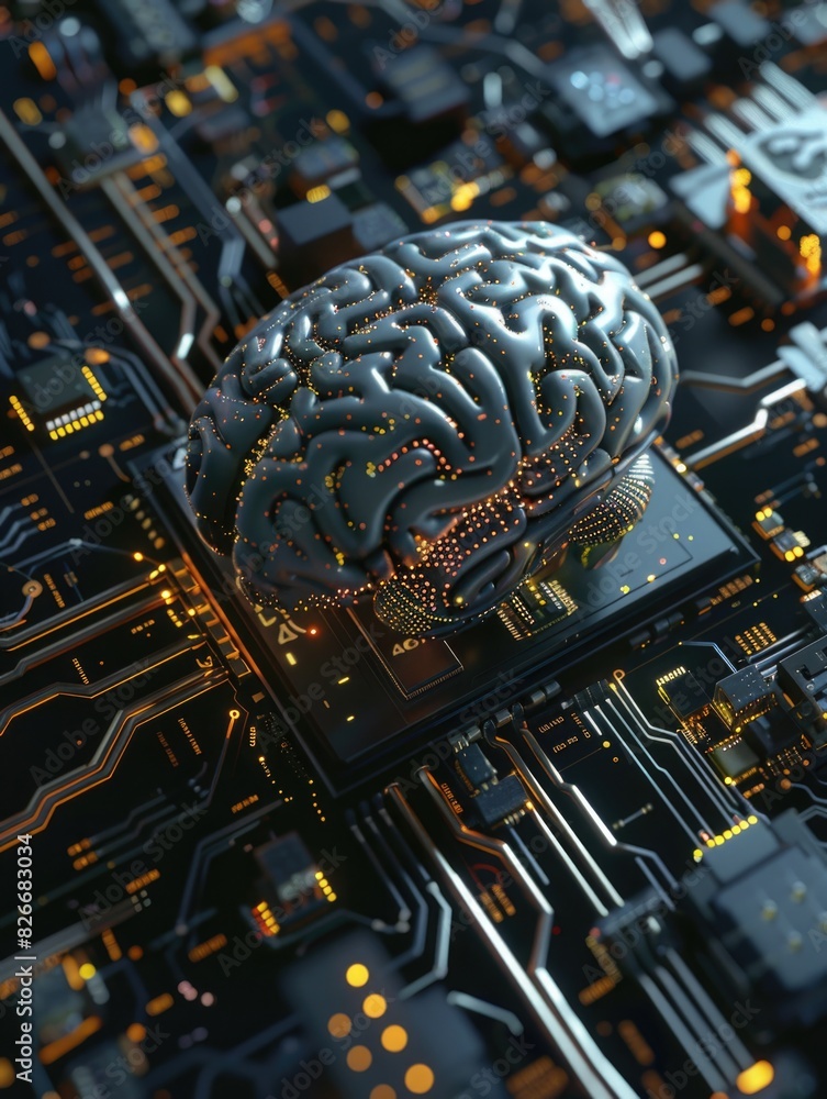 Aufkleber a computer chip with a brain on it. the brain is glowing and surrounded by a black background