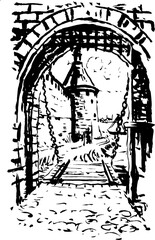 Medieval Castle Gate. Watercolor Illustration